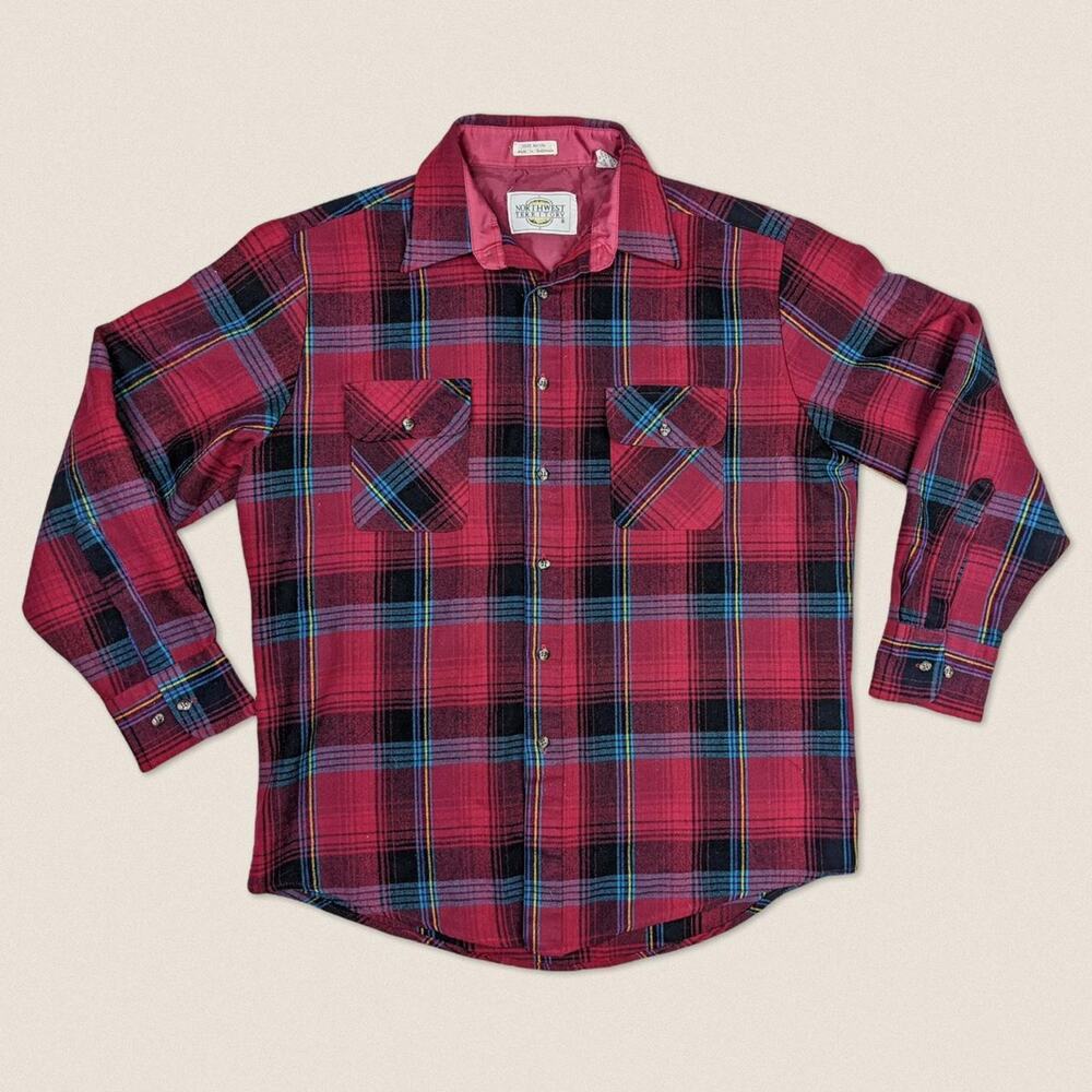 Vintage 90s‎ Red Plaid Flannel Button Up Shirt Northwest Territory - Size Large